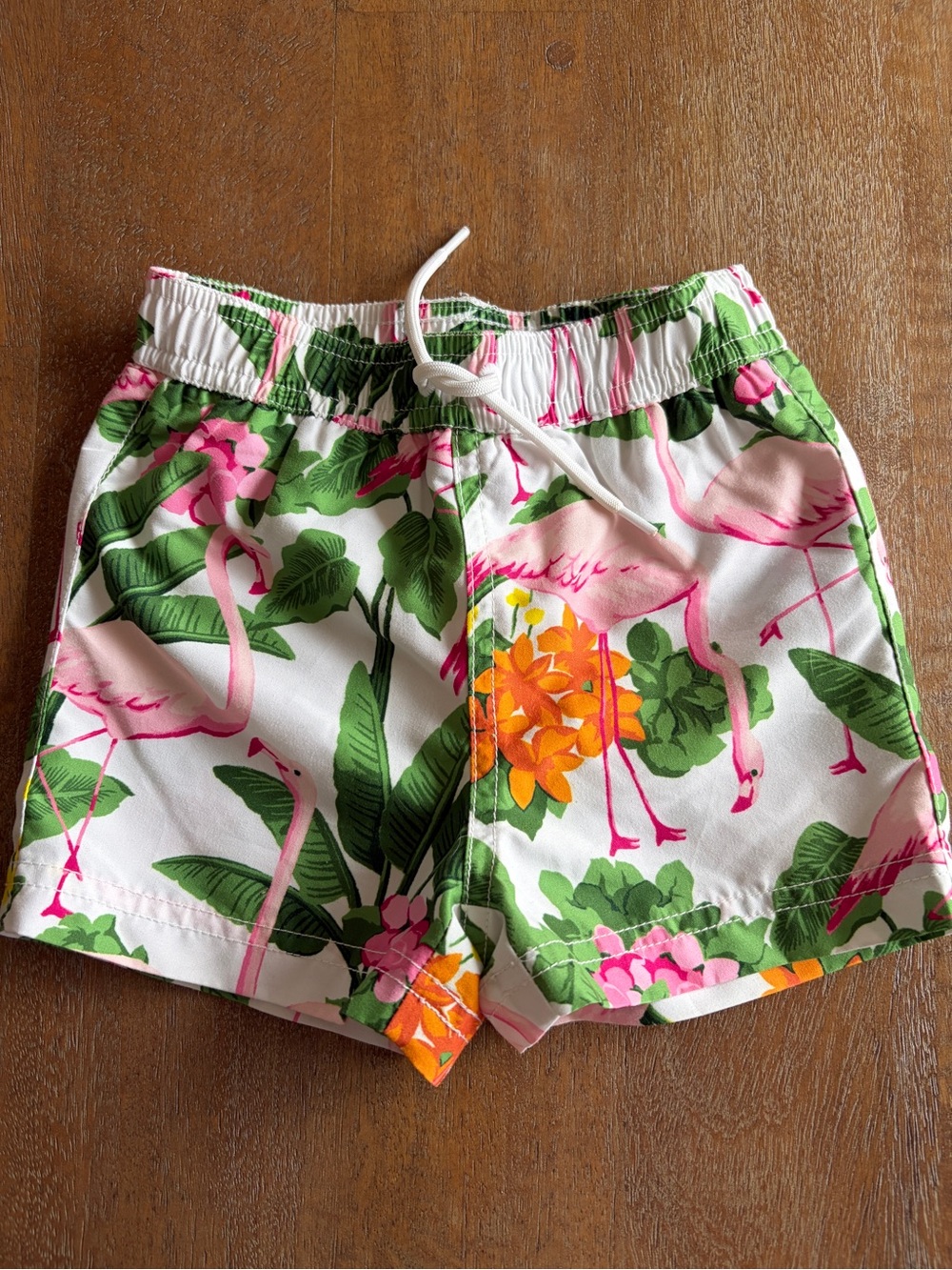 Janie and Jack White Swim Trunks with Pink Flamingos and Green Leaves